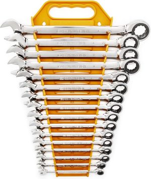 GEARWRENCH 16 Pc. Ratcheting Combination Wrench Set with Tray Metric 9416 Silver